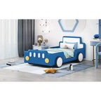 Bellemave Letto a piattaforma a forma di auto da corsa, una piazza, con ruote, testiera e pediera, per ragazzi, blu