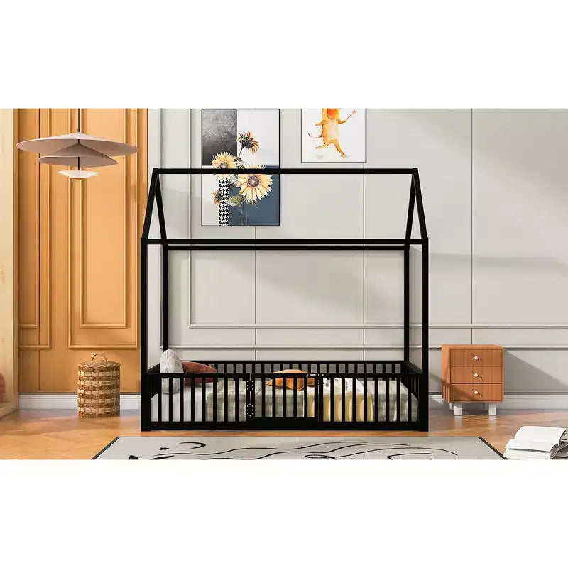 Bellemave Letto a Pavimento Singolo con Porta e Recinzione, Letto Singolo con Tetto/Letto a Pavimento a Casetta per Bambini, Ragazze, Ragazzi, Nero