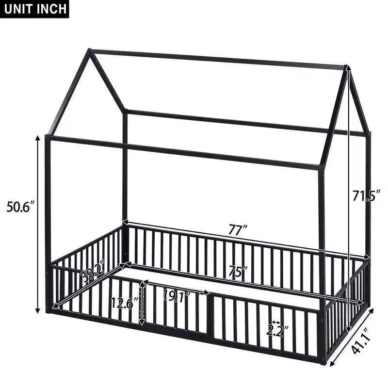 Bellemave Letto a Pavimento Singolo con Porta e Recinzione, Letto Singolo con Tetto/Letto a Pavimento a Casetta per Bambini, Ragazze, Ragazzi, Nero