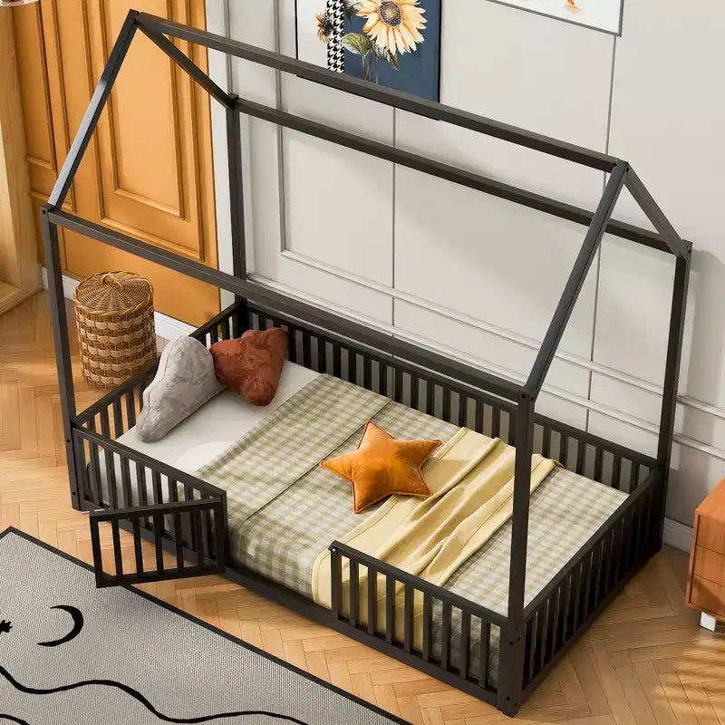 Bellemave Letto a Pavimento Singolo con Porta e Recinzione, Letto Singolo con Tetto/Letto a Pavimento a Casetta per Bambini, Ragazze, Ragazzi, Nero