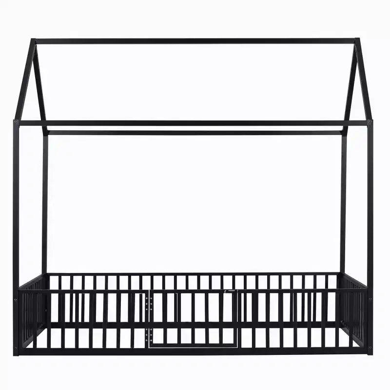 Bellemave Letto a Pavimento Singolo con Porta e Recinzione, Letto Singolo con Tetto/Letto a Pavimento a Casetta per Bambini, Ragazze, Ragazzi, Nero