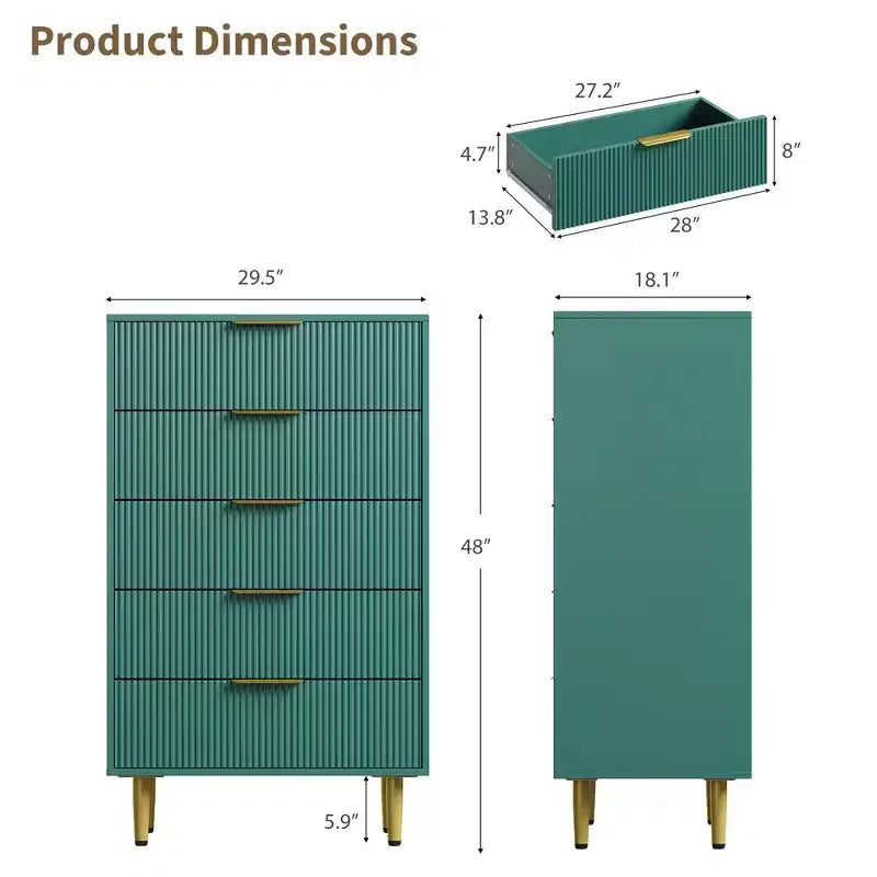 GustoWave Cassettiera scanalata per camera da letto con 5 cassetti, cassettiera in legno con maniglie e piedi in metallo, cassettiera naturale per soggiorno, camera da letto