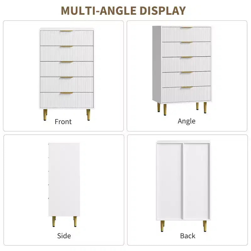 GustoWave Cassettiera scanalata per camera da letto con 5 cassetti, cassettiera in legno con maniglie e piedi in metallo, cassettiera naturale per soggiorno, camera da letto