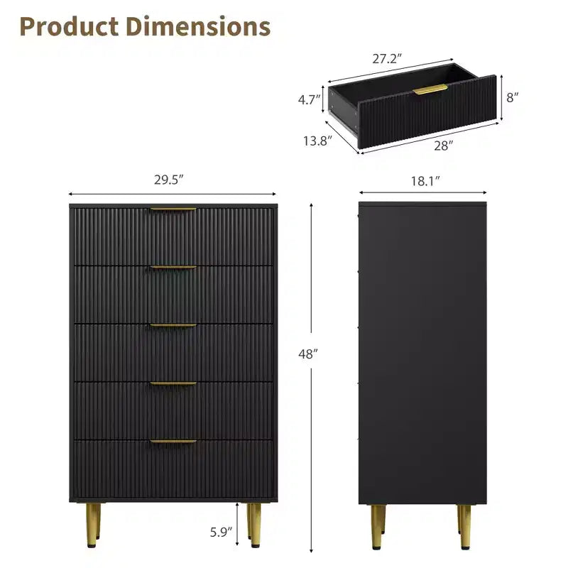 GustoWave Cassettiera scanalata per camera da letto con 5 cassetti, cassettiera in legno con maniglie e piedi in metallo, cassettiera naturale per soggiorno, camera da letto
