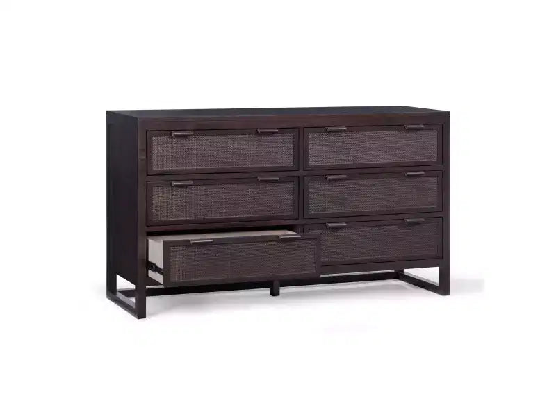 Comò a 6 cassetti Hatteras Modern Boho con legno massello e dettagli in rattan naturale-Teamson Home