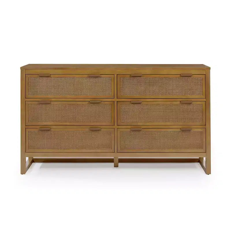 Comò a 6 cassetti Hatteras Modern Boho con legno massello e dettagli in rattan naturale-Teamson Home