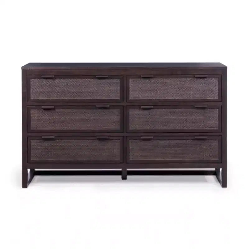 Comò a 6 cassetti Hatteras Modern Boho con legno massello e dettagli in rattan naturale-Teamson Home