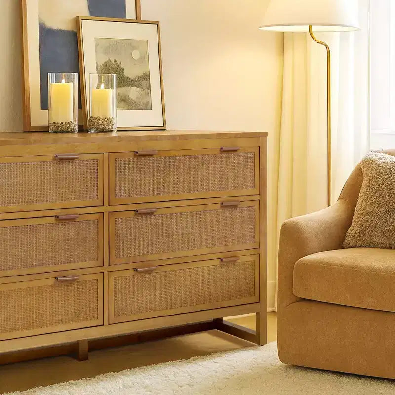 Comò a 6 cassetti Hatteras Modern Boho con legno massello e dettagli in rattan naturale-Teamson Home