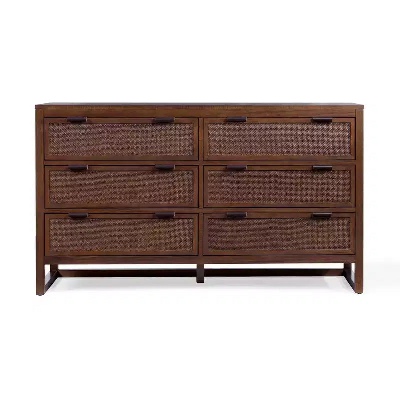 Comò a 6 cassetti Hatteras Modern Boho con legno massello e dettagli in rattan naturale-Teamson Home