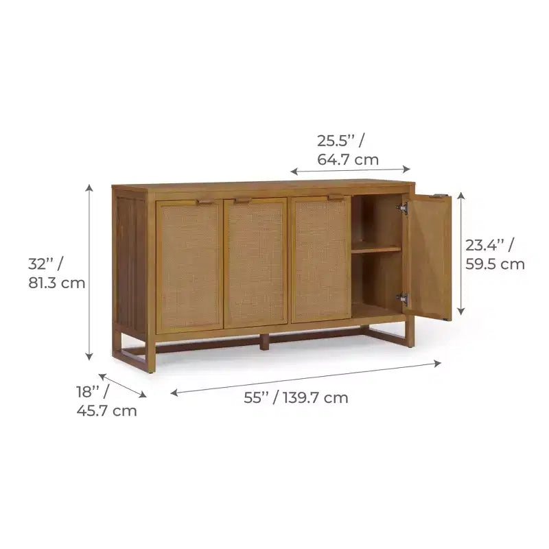 Hatteras Modern Boho Madia a 4 Ante con Accenti in Legno Massello e Rattan Naturale-Teamson Home