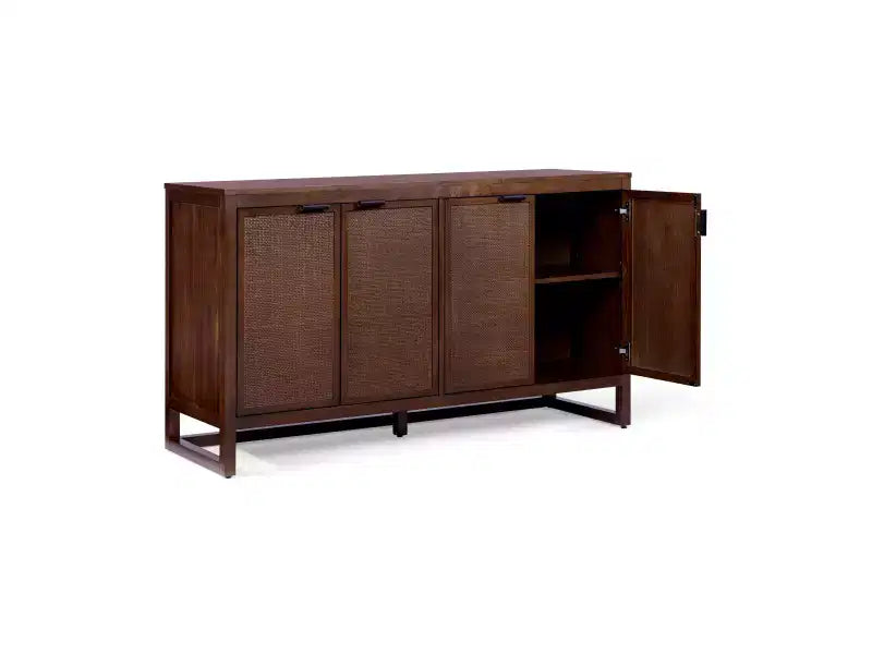 Hatteras Modern Boho Madia a 4 Ante con Accenti in Legno Massello e Rattan Naturale-Teamson Home