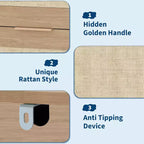 Comò a 5 cassetti in rovere e rattan per camera da letto, armadio alto 46 cm, comodino in stile bohémien per soggiorno, corridoio, cameretta dei bambini, ingresso
