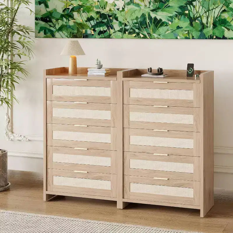 Comò a 5 cassetti in rovere e rattan per camera da letto, armadio alto 46 cm, comodino in stile bohémien per soggiorno, corridoio, cameretta dei bambini, ingresso