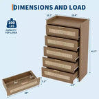 Comò a 5 cassetti in rovere e rattan per camera da letto, armadio alto 46 cm, comodino in stile bohémien per soggiorno, corridoio, cameretta dei bambini, ingresso