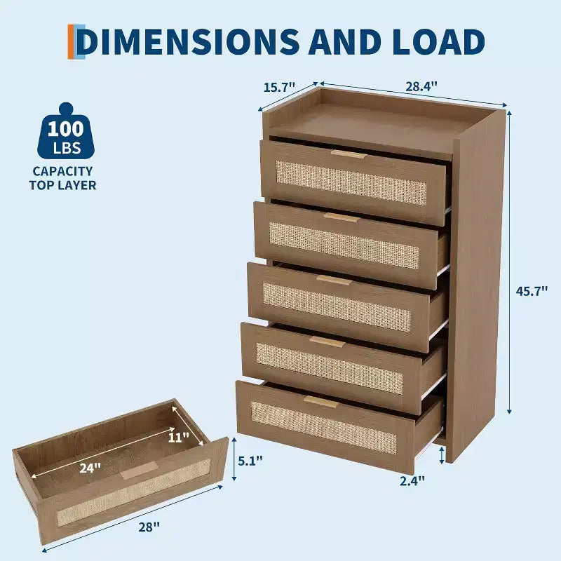 Comò a 5 cassetti in rovere e rattan per camera da letto, armadio alto 46 cm, comodino in stile bohémien per soggiorno, corridoio, cameretta dei bambini, ingresso