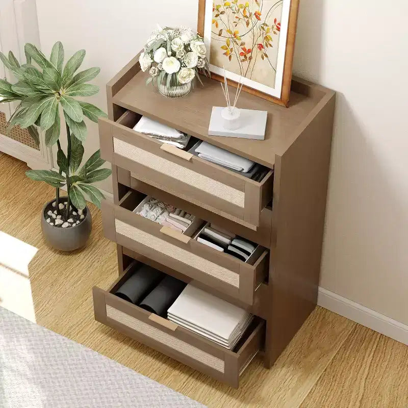 Comò a 5 cassetti in rovere e rattan per camera da letto, armadio alto 46 cm, comodino in stile bohémien per soggiorno, corridoio, cameretta dei bambini, ingresso