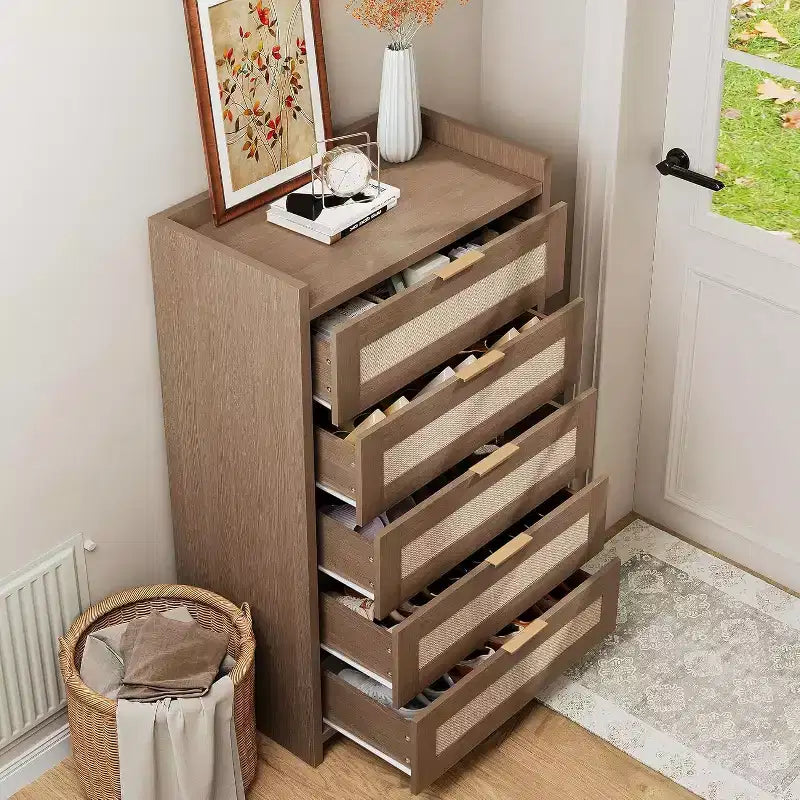 Comò a 5 cassetti in rovere e rattan per camera da letto, armadio alto 46 cm, comodino in stile bohémien per soggiorno, corridoio, cameretta dei bambini, ingresso