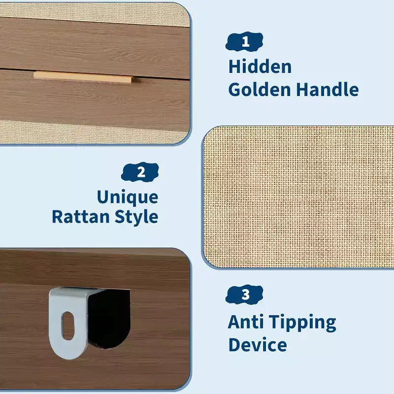 Comò a 5 cassetti in rovere e rattan per camera da letto, armadio alto 46 cm, comodino in stile bohémien per soggiorno, corridoio, cameretta dei bambini, ingresso