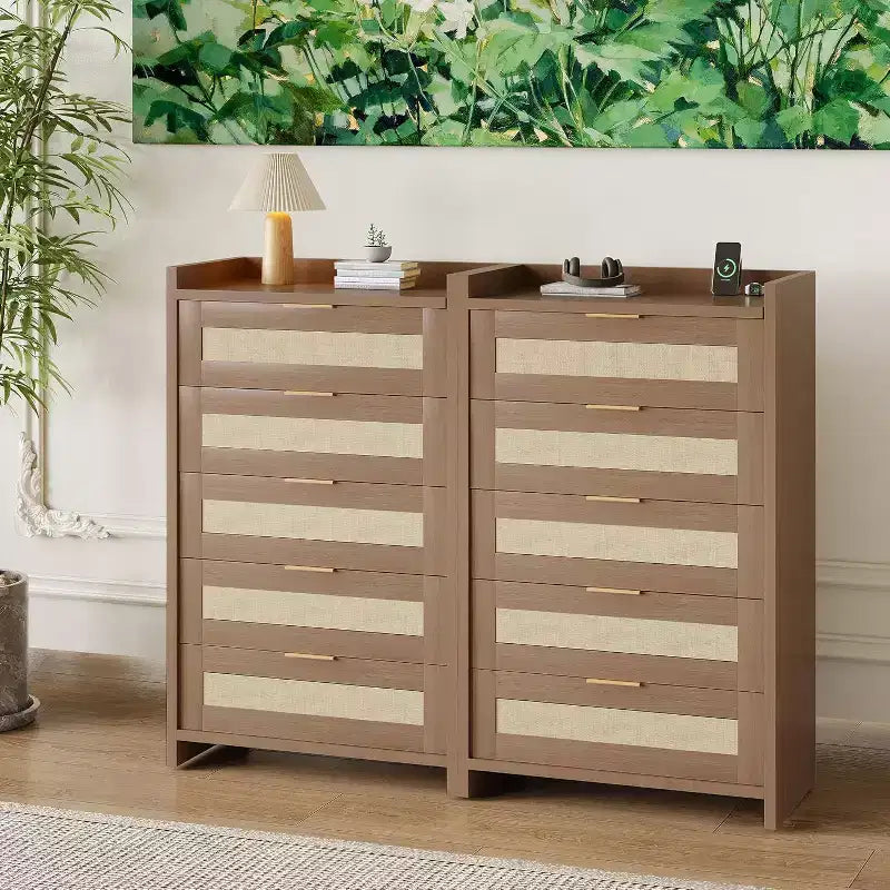 Comò a 5 cassetti in rovere e rattan per camera da letto, armadio alto 46 cm, comodino in stile bohémien per soggiorno, corridoio, cameretta dei bambini, ingresso