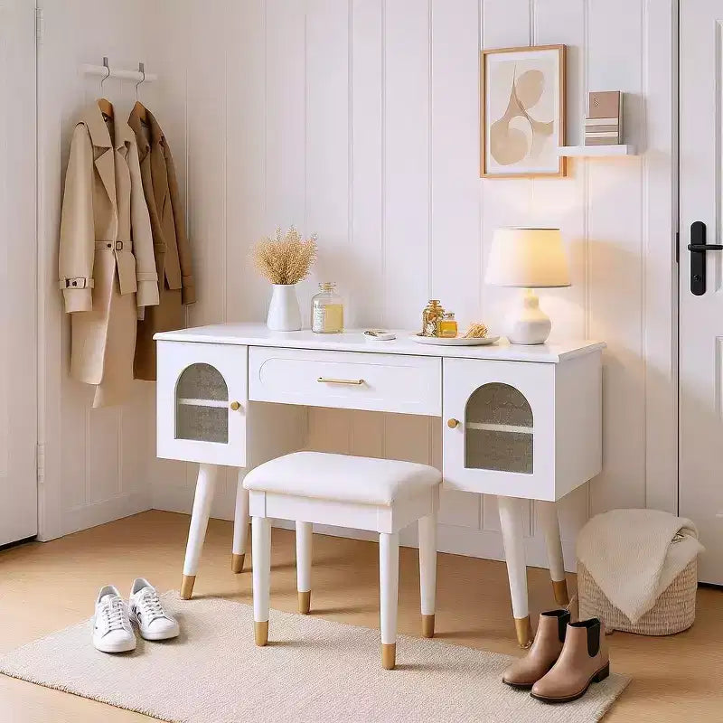Homy Casa Tavolo da Trucco con Sgabello e Armadietti Contenitori per Camera da Letto o Spogliatoio, Bianco