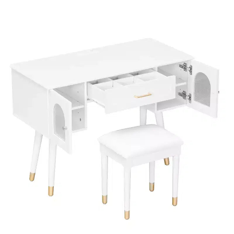 Homy Casa Tavolo da Trucco con Sgabello e Armadietti Contenitori per Camera da Letto o Spogliatoio, Bianco
