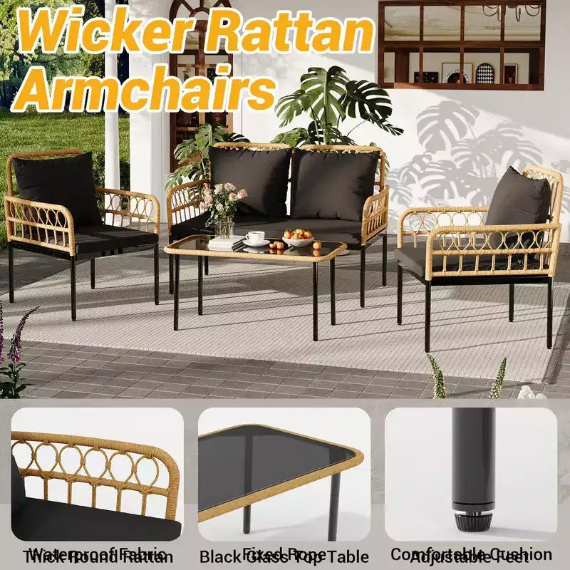 Set mobili da giardino a 4 pezzi in rattan, per terrazza, con sedie a dondolo e tavolino da caffè in vetro, per patio e cortile