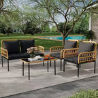 Set mobili da giardino a 4 pezzi in rattan, per terrazza, con sedie a dondolo e tavolino da caffè in vetro, per patio e cortile