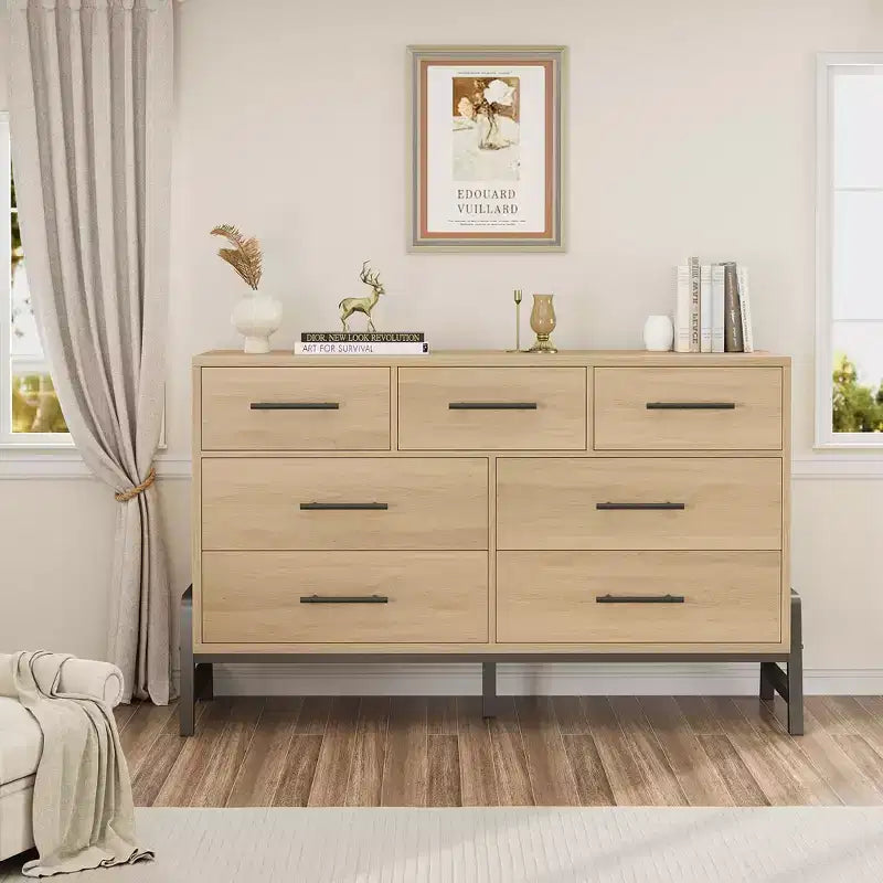 Cassettiera CuisinSmart 52" con 7 cassetti per camera da letto - Comò in rovere naturale, organizer armadio autoportante per soggiorno, ingresso