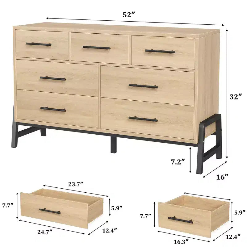 Cassettiera CuisinSmart 52" con 7 cassetti per camera da letto - Comò in rovere naturale, organizer armadio autoportante per soggiorno, ingresso