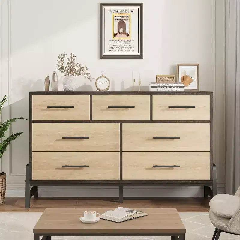 Cassettiera CuisinSmart 52" con 7 cassetti per camera da letto - Comò in rovere naturale, organizer armadio autoportante per soggiorno, ingresso