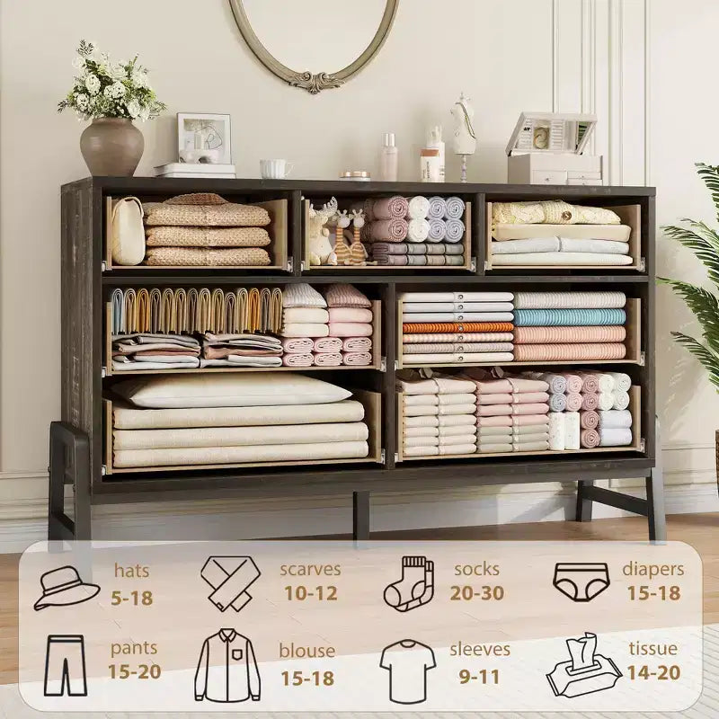 Cassettiera CuisinSmart 52" con 7 cassetti per camera da letto - Comò in rovere naturale, organizer armadio autoportante per soggiorno, ingresso