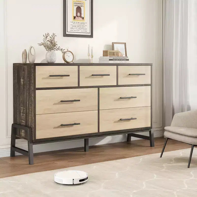 CuisinSmart 52 Wide 7-Drawer Dresser for Bedroom - Natural Oak Storage Chest, Freestanding Closet Organizer for Living Room, Entryway