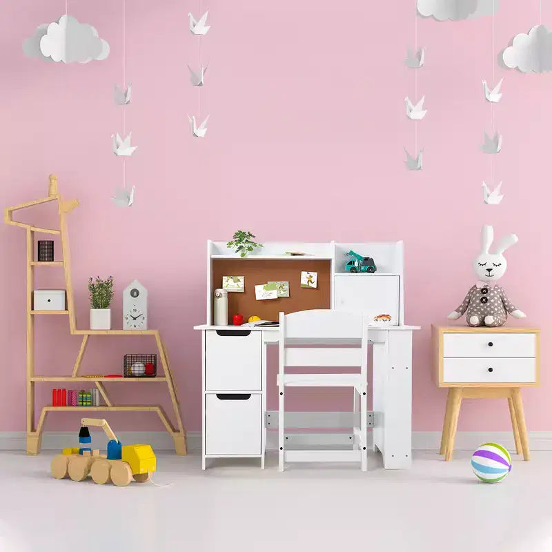 CuisinSmart Scrivania e Sedia per Bambini, Tavolo Studio in Legno con Ripiano Contenitore, Bacheca per Bambini 3-8 Anni