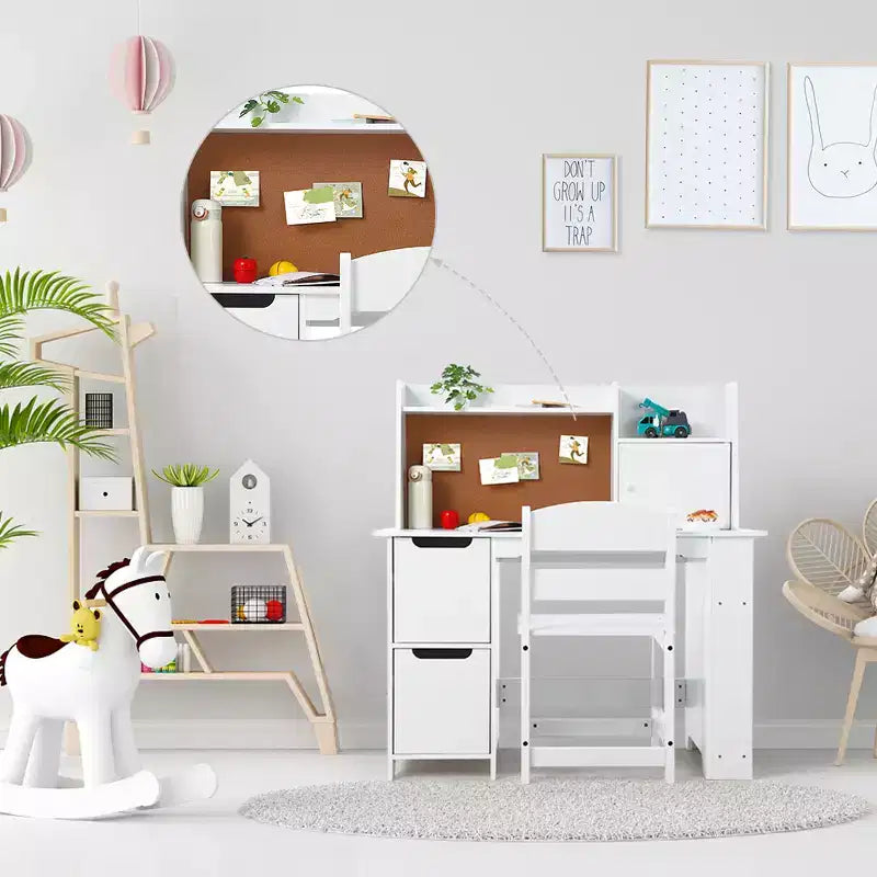 CuisinSmart Scrivania e Sedia per Bambini, Tavolo Studio in Legno con Ripiano Contenitore, Bacheca per Bambini 3-8 Anni