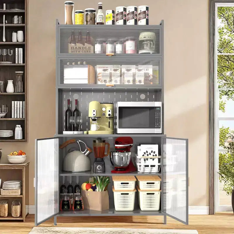 Dispensa alta da cucina, armadietto a 6 livelli con anta a ribalta e pannello forato, armadietto in metallo anti-ribaltamento per cucina e sala da pranzo