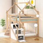 Bellemave Twin over Twin House Loft or Bunk Bed with Slide and Staircase, Natural