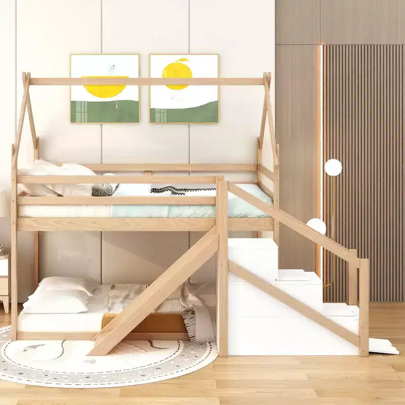 Bellemave Letto a castello singolo su singolo a forma di casetta con scivolo e scala, colore naturale