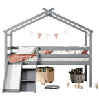 Bellemave Letto a soppalco singolo con scivolo e scaletta, letto a soppalco a forma di casetta per bambini, letto a soppalco in legno, per bambini e bambine, grigio