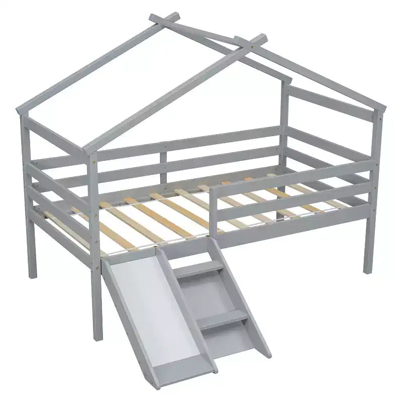 Bellemave Letto a soppalco singolo con scivolo e scaletta, letto a soppalco a forma di casetta per bambini, letto a soppalco in legno, per bambini e bambine, grigio