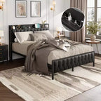 Bed Frame with Charging Station, PU Faux Leather Upholstered Platform Bed with Storage Headboard, Metal Slats, No Box Spring Needed
