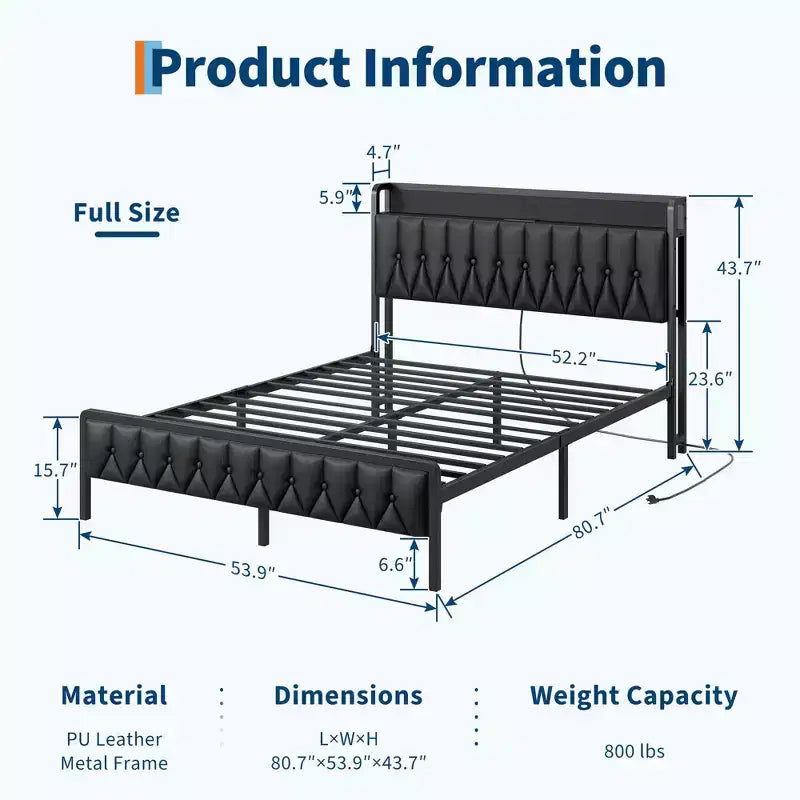 Struttura Letto con Stazione di Ricarica, Letto a Piattaforma Rivestito in Ecopelle PU con Testiera Contenitore, Doghe in Metallo, Nessuna Rete a Molle Necessaria