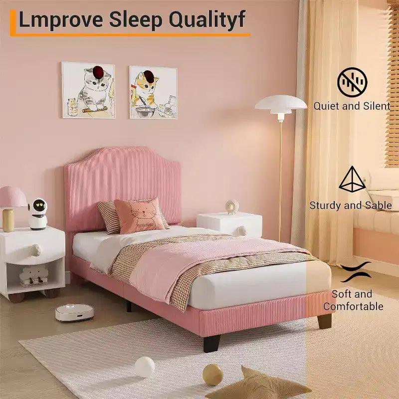 Struttura Letto a Piattaforma Matrimoniale con Testiera Imbottita in Velluto, Doghe in Legno e Supporto in Metallo, Basso Profilo, Silenzioso, Rosa/Bianco