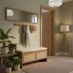 Panca contenitore Homy Casa con pannello in rattan intrecciato, sedile imbottito e ante a cerniera, rovere naturale