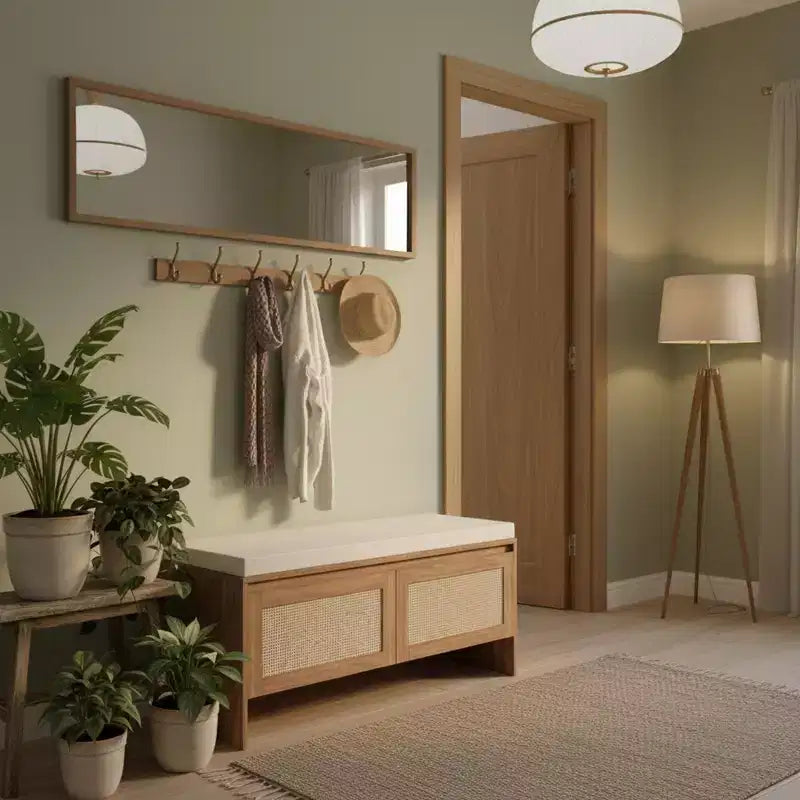 Panca contenitore Homy Casa con pannello in rattan intrecciato, sedile imbottito e ante a cerniera, rovere naturale