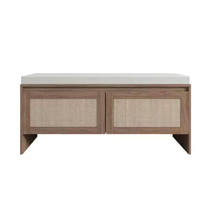 Panca contenitore Homy Casa con pannello in rattan intrecciato, sedile imbottito e ante a cerniera, rovere naturale