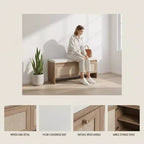 Panca contenitore Homy Casa con pannello in rattan intrecciato, sedile imbottito e ante a cerniera, rovere naturale
