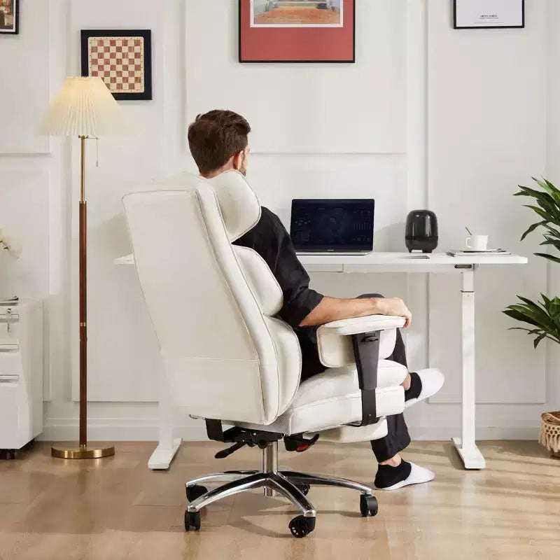 MAYEERTY Sedia Direzionale Ergonomica Schienale Alto Poggiapiedi Supporto Lombare Pelle PU Bianca