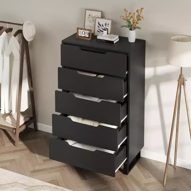 Comodino a 5 cassetti, cassettiera alta 128 cm, cassetti verticali autoportanti con contenitore, armadio in legno per soggiorno, corridoio, ingresso