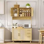 Credenza da cucina in rattan da 71 pollici, con supporto per microonde, dispensa autoportante con cassetti, ante e ganci per sala da pranzo