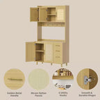 Credenza da cucina in rattan da 71 pollici, con supporto per microonde, dispensa autoportante con cassetti, ante e ganci per sala da pranzo